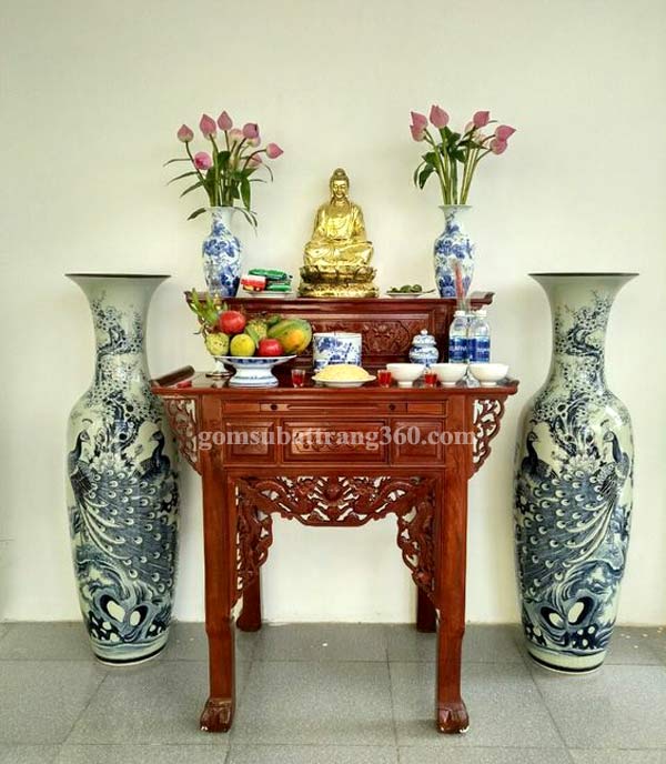 Bộ đồ thờ Phật bà Quan Âm men lam vẽ tay cao cấp